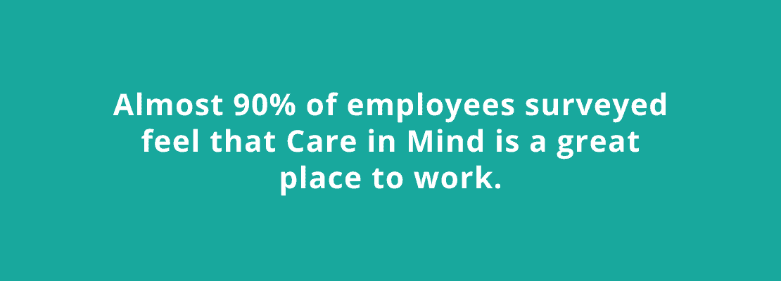 Investors in People statistic: Almost 90% of employees surveyed feel that Care in Mind is a great place to work.